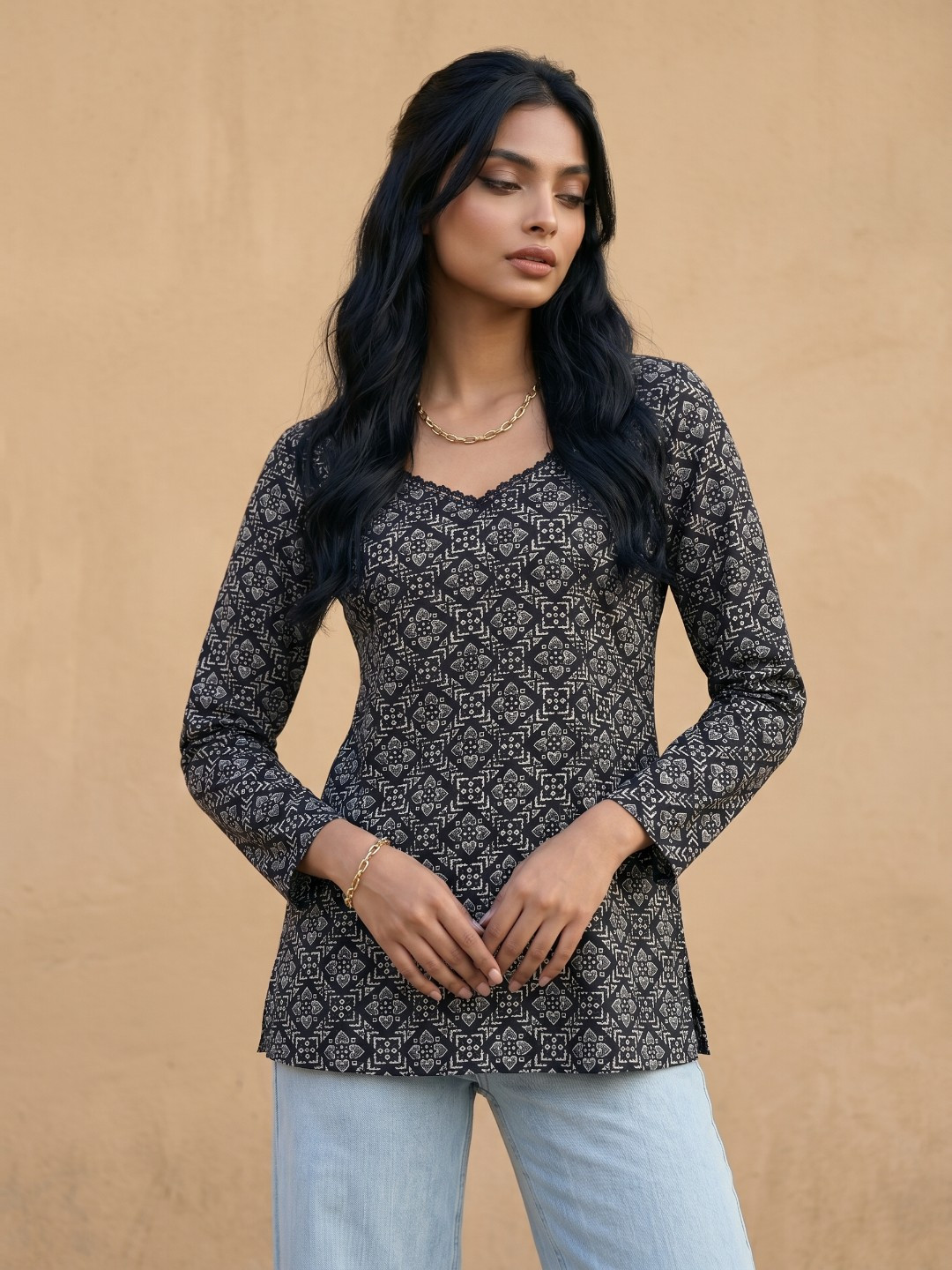 fusion by glitchez Sweetheart Neck Printed Tunic