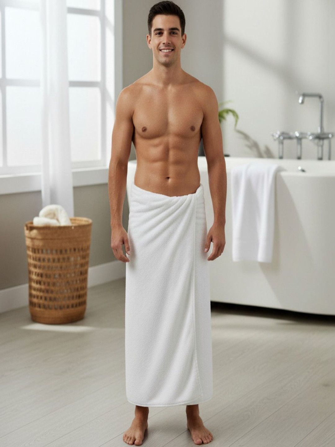 Blissful Creations White & White 1 Terry Cotton 450 GSM Bath Towel
