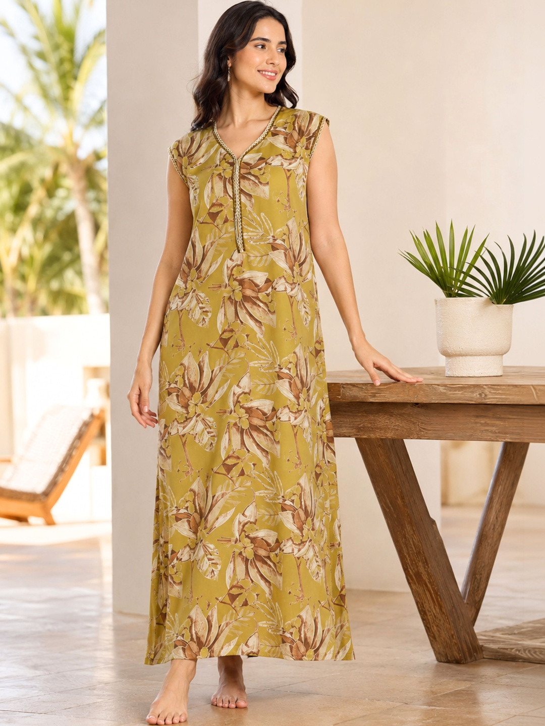 9shines Label Women Printed Sleeveless Maxi Nightdress With Extra Sleeves Attached