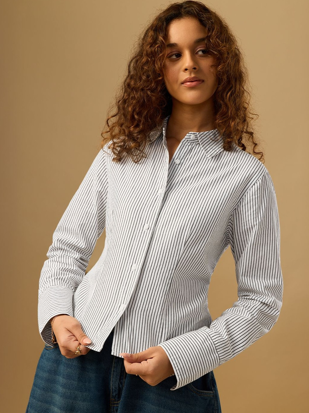 The Souled Store Women Regular Fit Striped White Fitted Shirts