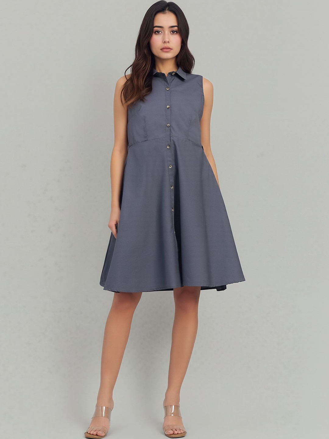 Chemistry Women Sleeveless Shirt Collar A-Line Knee Length Dress