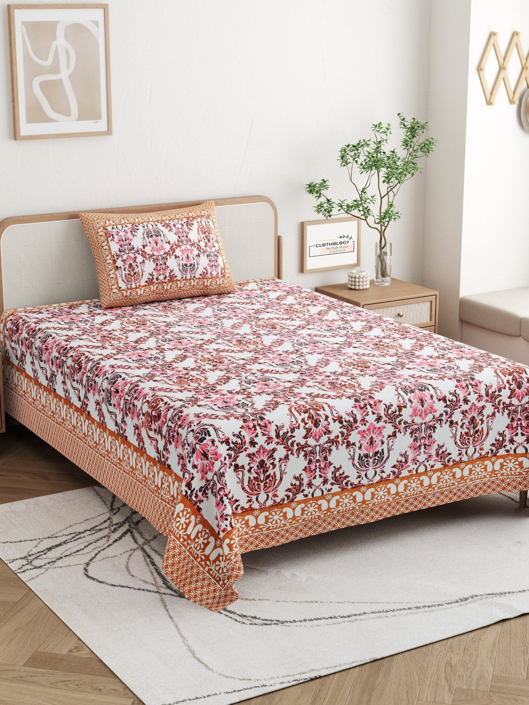 CLOTHOLOGY Sunset Coral Motif The Royal Bagh Edit Cotton Single Flat 180 TC Jaipuri Prints Bedsheet Set