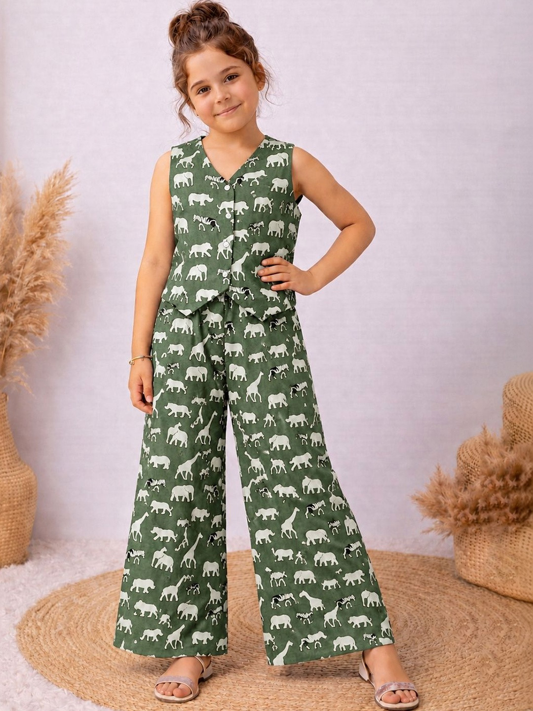 FASHION DREAM Girls Olive Green Cotton Blend Animal Printed Top with Palazzo Set