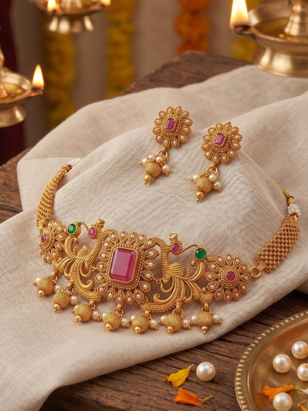Bagdo Gold-Plated Stone Studded & Beaded Necklace and Earrings