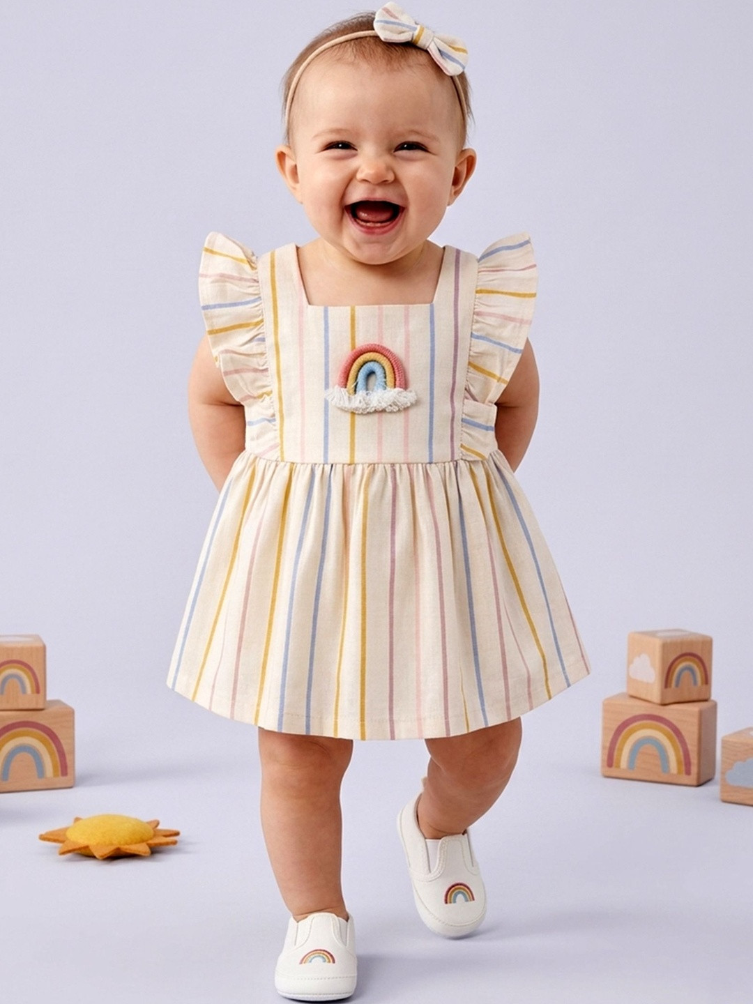 KINDLE Striped Ruffled Fit & Flare Dress