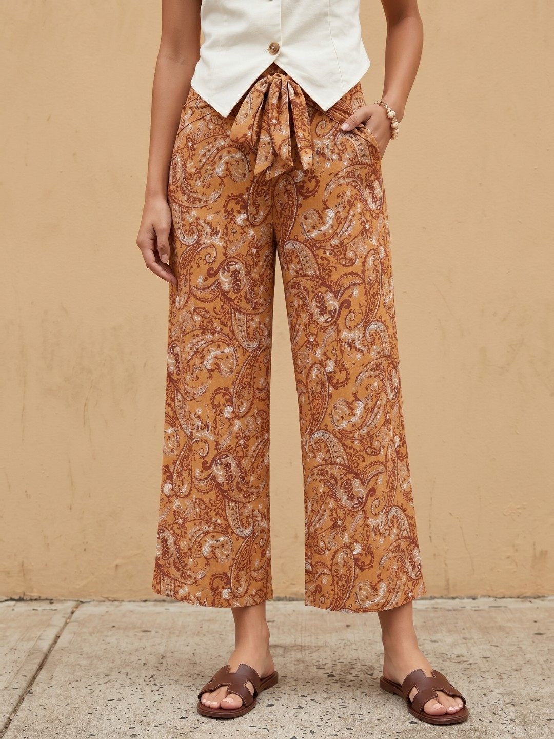 Paisley Printed Mid-Rise Relaxed Wide Leg Trousers