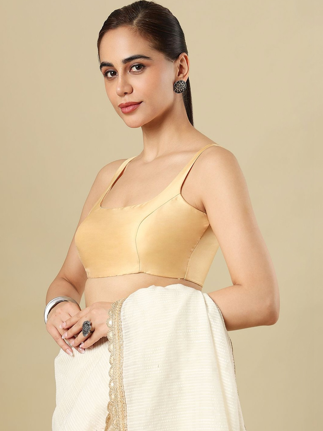 SALWAR STUDIO Silk Solid Sleeveless Saree Blouse