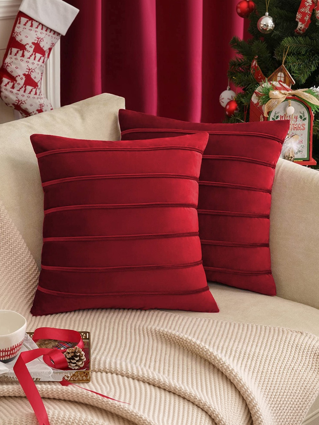 Khooti Red Set of 2 Striped Velvet Square Cushion Covers