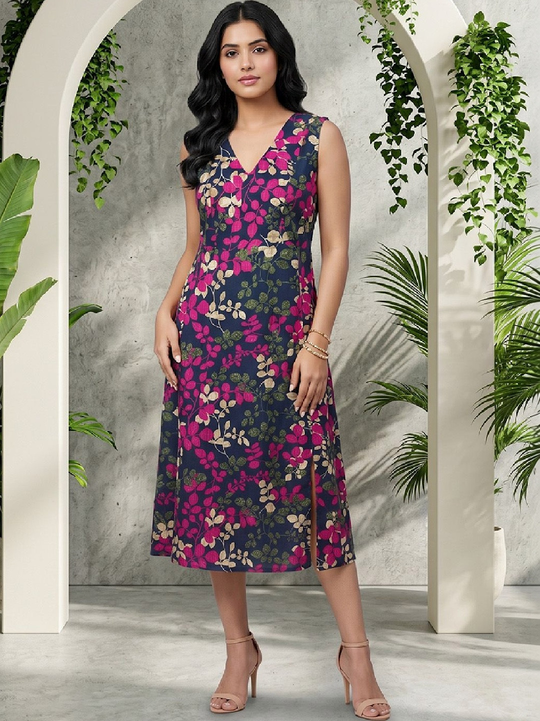 Varanga Floral Print A-Line Midi Dress
