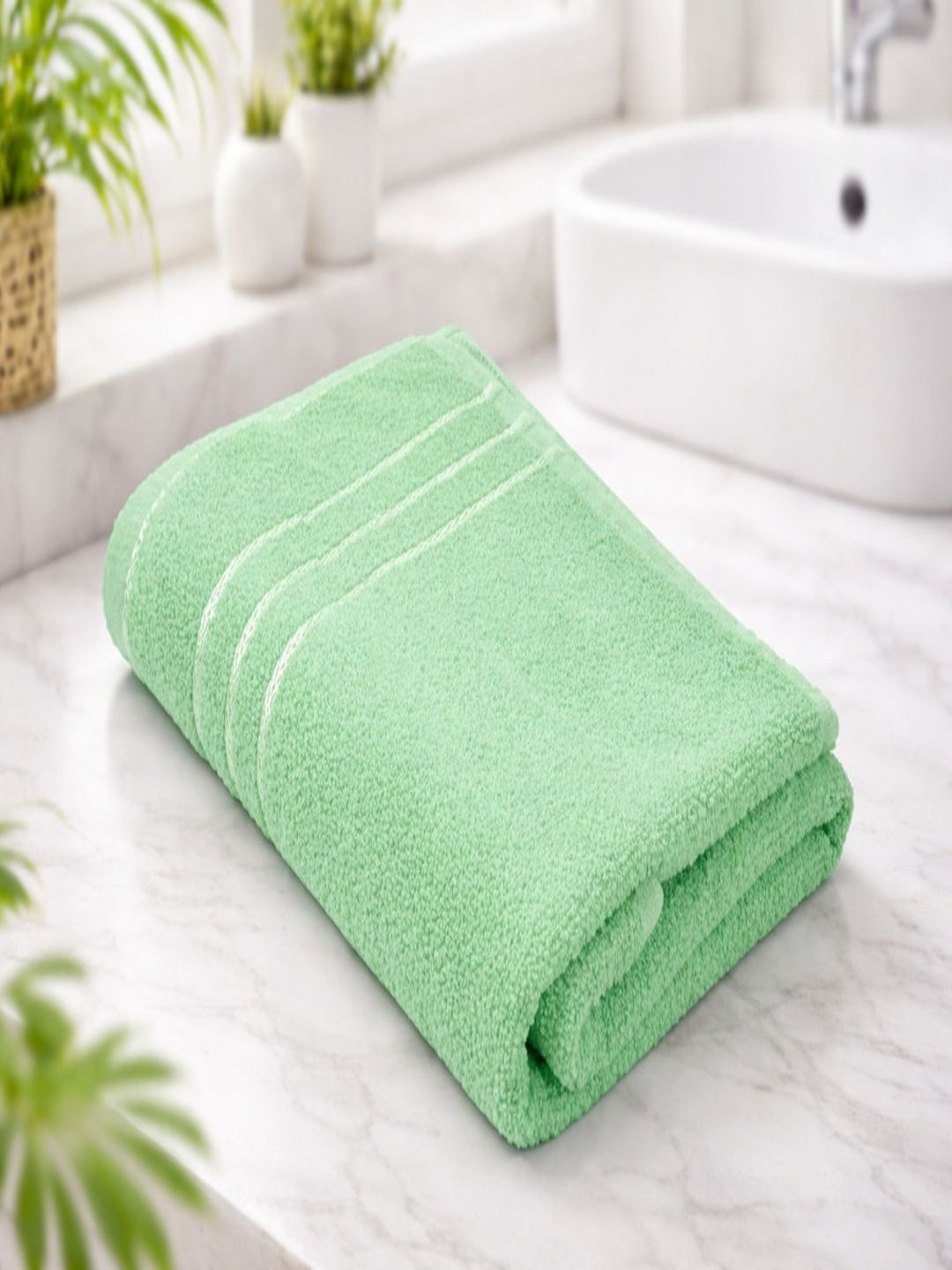 Blissful Creations Green & White 1 Terry Cotton 450 GSM Bath Towel
