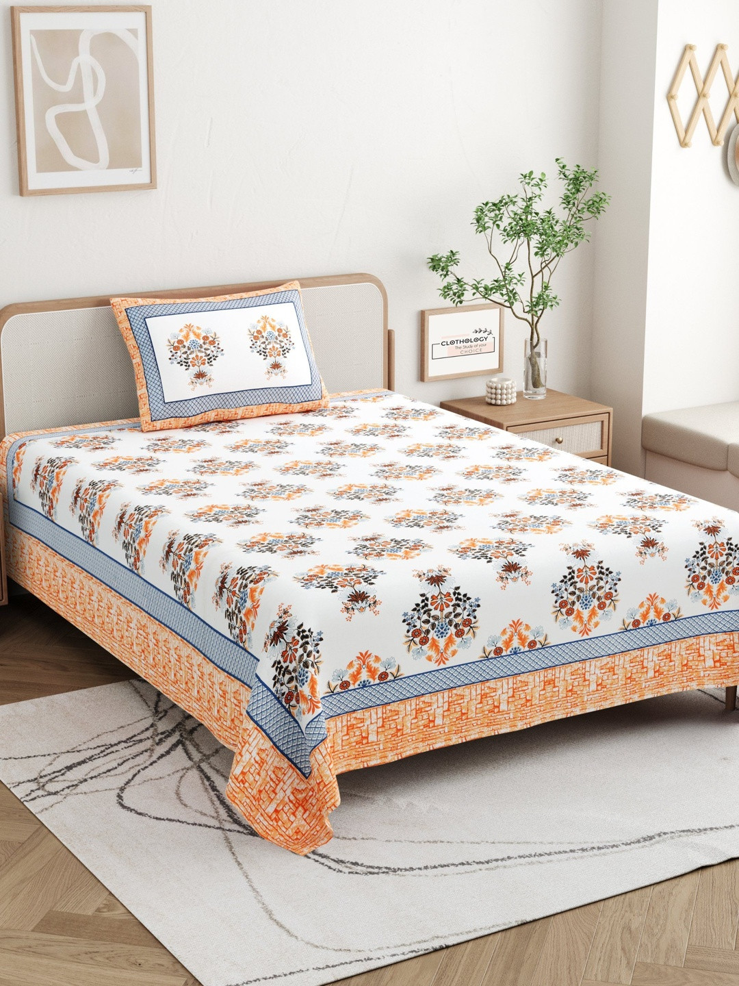 CLOTHOLOGY Rust Orange Floral Royal Bagh Cotton Single Flat 180 TC Jaipuri Prints Bedsheet Set