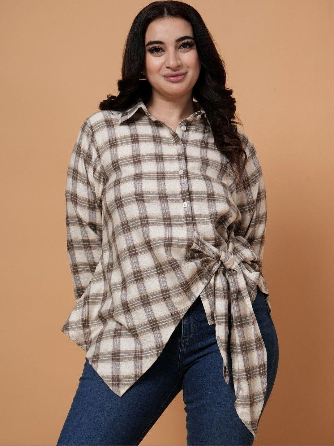 STYLLEY Women Wrap Checked Comfort Plus Size Casual Shirt