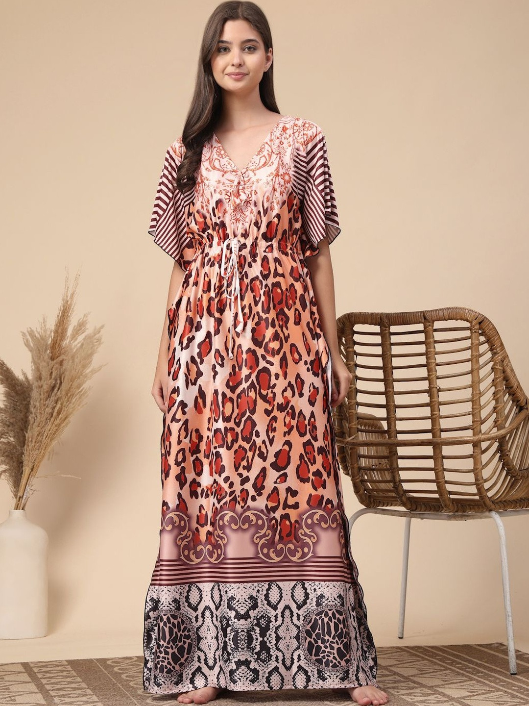 FABINALIV Women Multicolor Abstract Graphic Printed V-Neck Kaftan Nighty