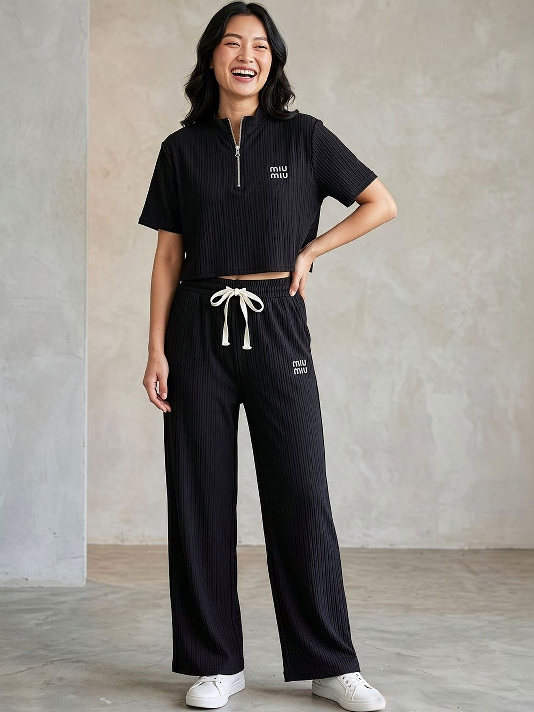 Stem Rope Women Black Short Sleeves Co-Ords