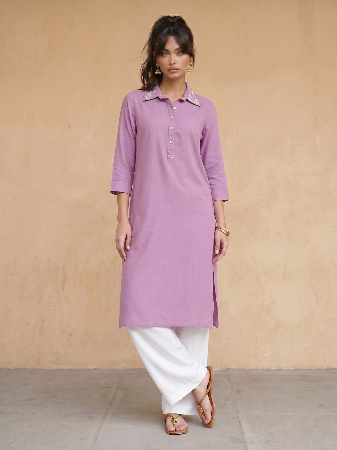 fusion by glitchez Shirt Collar Cuffed Sleeves Minimal Thread Work Straight Kurta