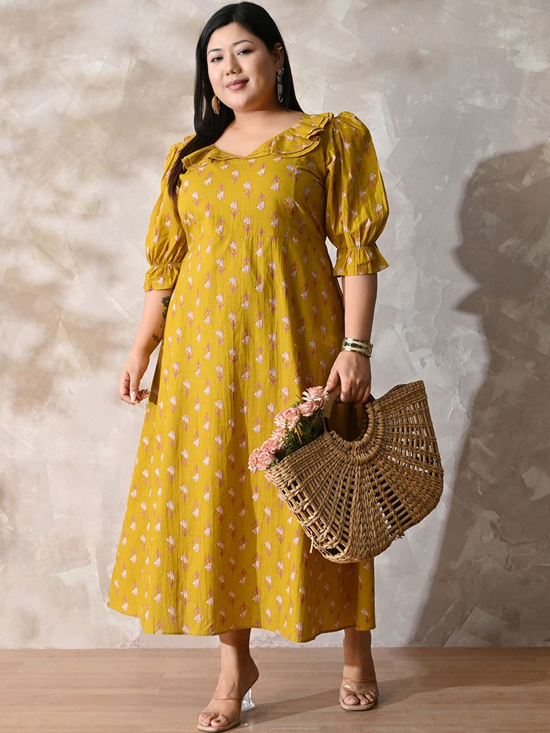 PrettyPlus by Desinoor.com Yellow Floral Print Puff Sleeve Cotton Maxi Dress