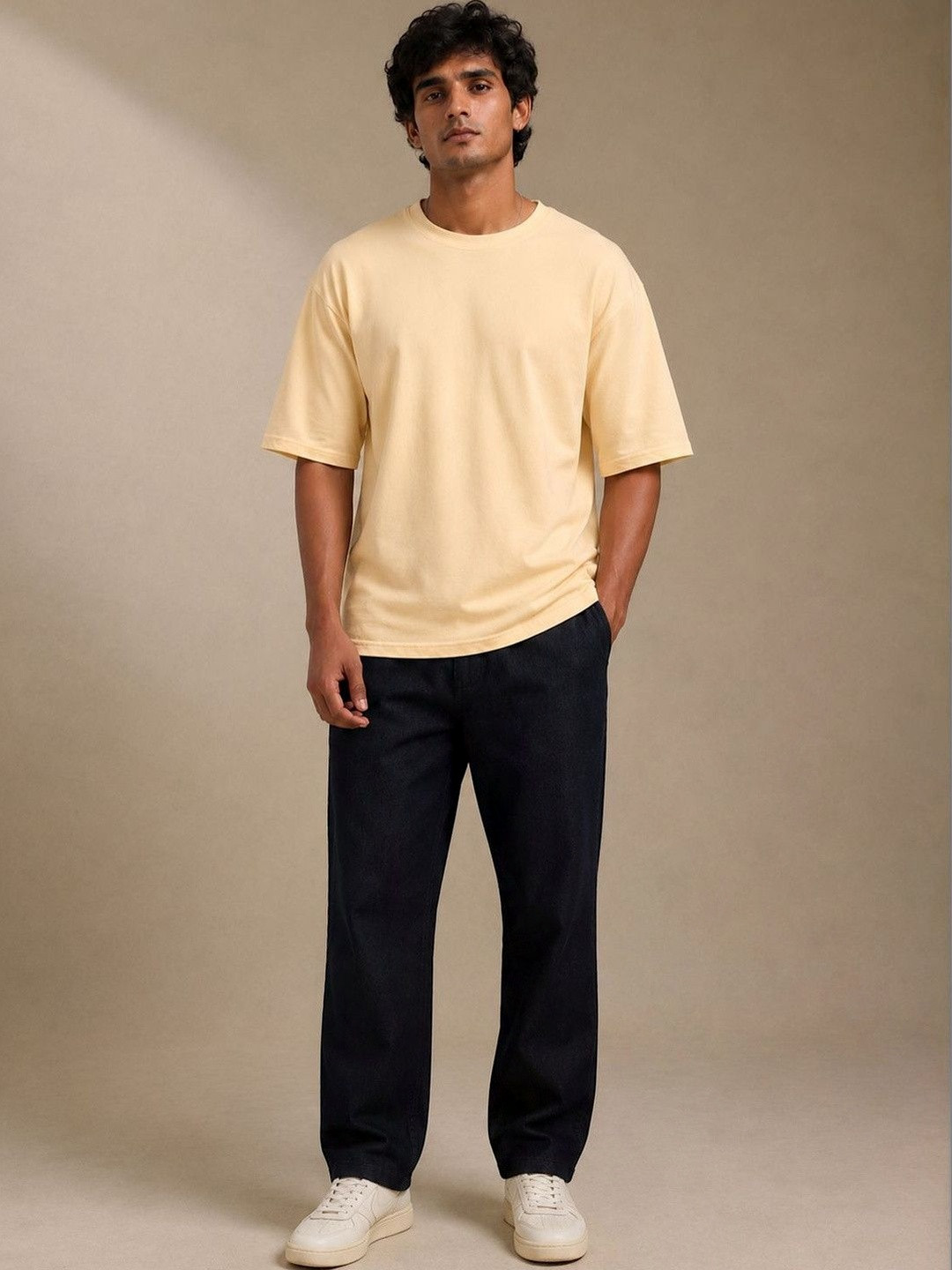 Men's Relaxed Fit Yellow T-shirt with Drop-Shoulder Sleeves