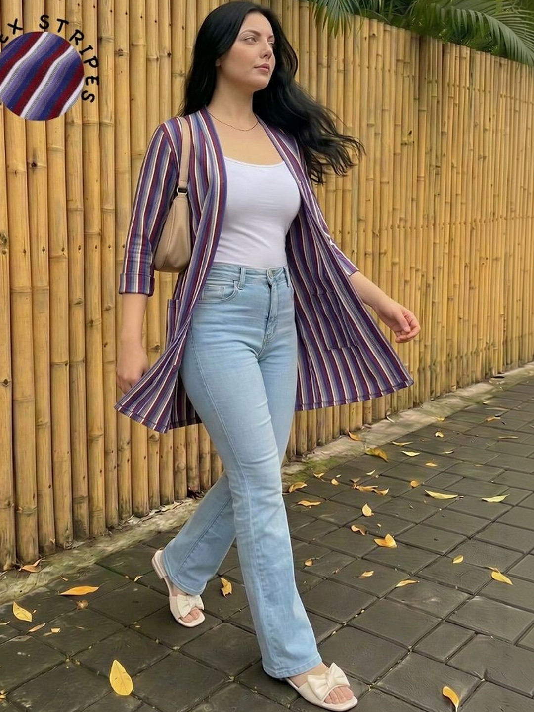 TOXA Striped Embellished Longline Open Front Cotton Shrug