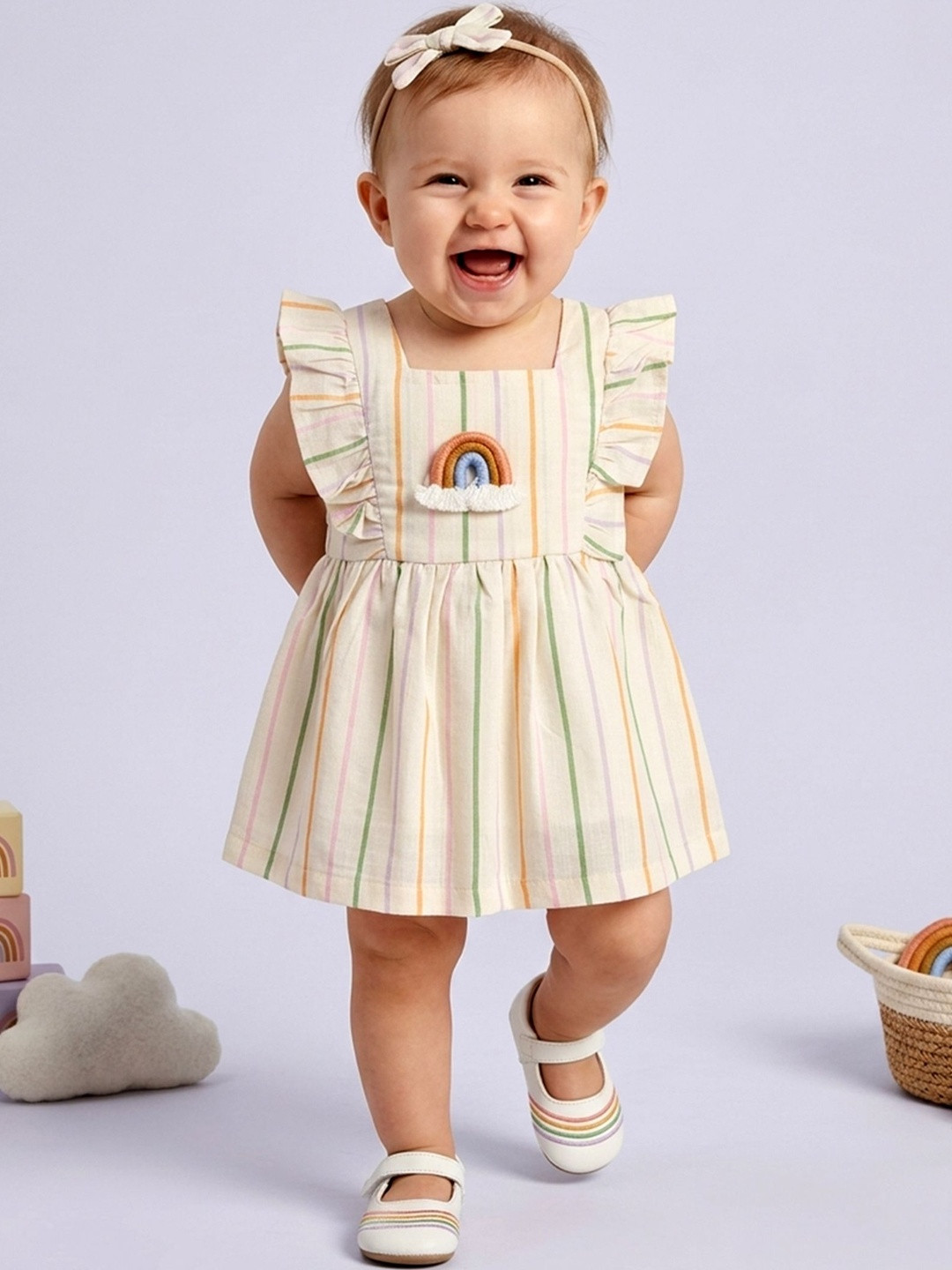 KINDLE Striped Ruffled Fit & Flare Dress