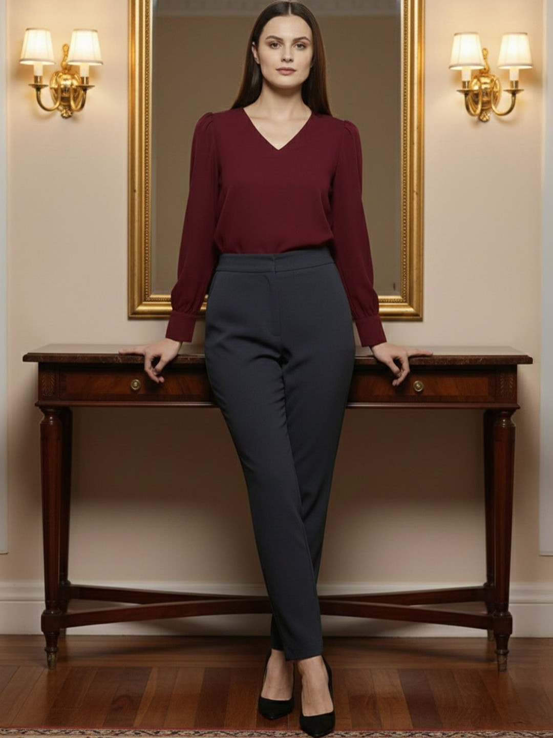 Vashuqi Puff Sleeve Crepe Top