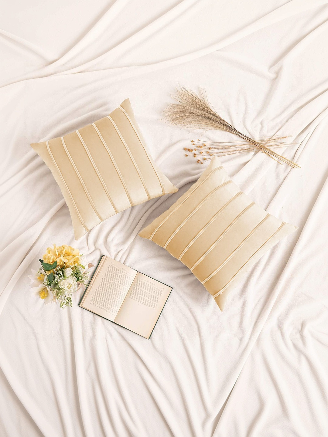 Khooti Beige Set of 2 Velvet Square Cushion Covers