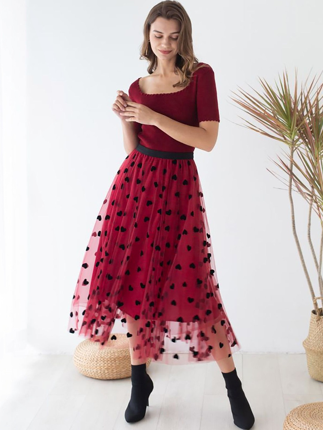 3BUDDY FASHION Women Net Floral Frills Bows and Ruffles Midi A-Line Skirt