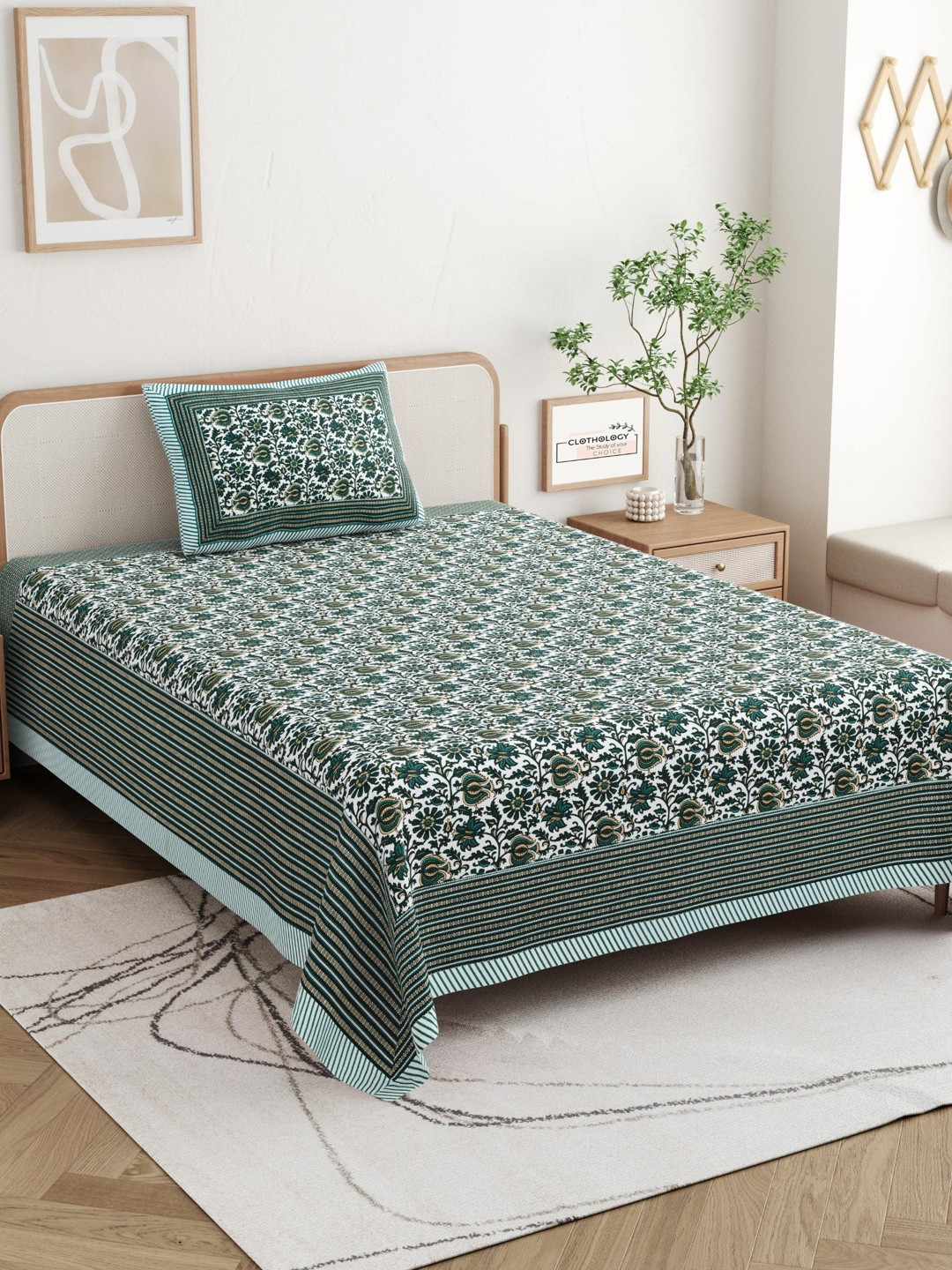 CLOTHOLOGY Emerald Teal Floral The Royal Bagh Cotton Single Flat 180 TC Jaipuri Prints Bedsheet Set