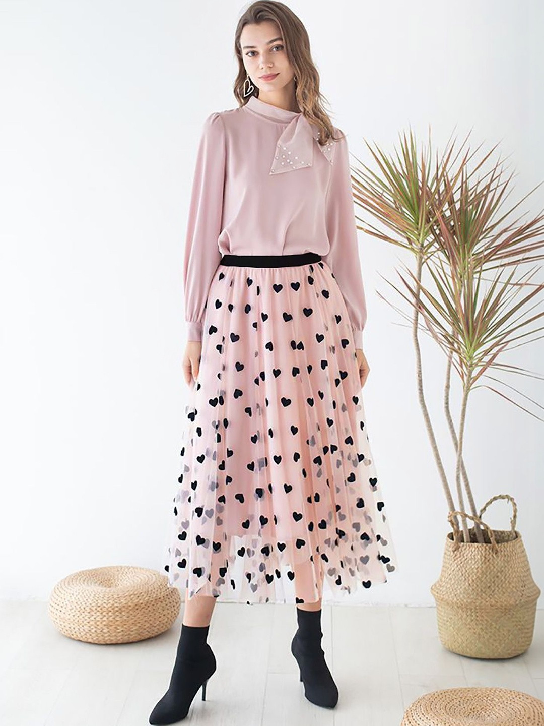 3BUDDY FASHION Women Net Floral Micro or Ditsy Print Midi A-Line Skirt