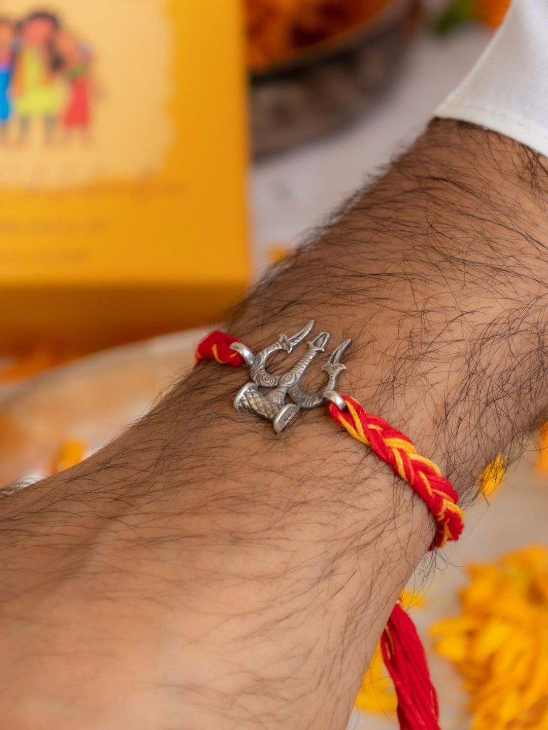 Shyle 925 Sterling Silver Shiva Trishul Rakhi with Roli Chawal
