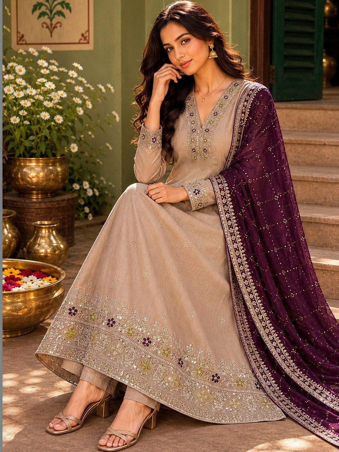 SOURAGYA Ethnic Motifs Embroidered Regular Chanderi Silk Kurta with Trousers With Dupatta