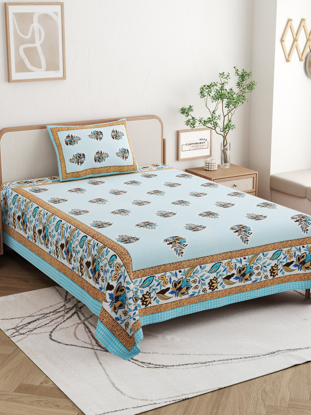 CLOTHOLOGY Azure Ochre Floral Gulbagh Heritage Cotton Single Flat 180 TC Jaipuri Prints Bedsheet Set