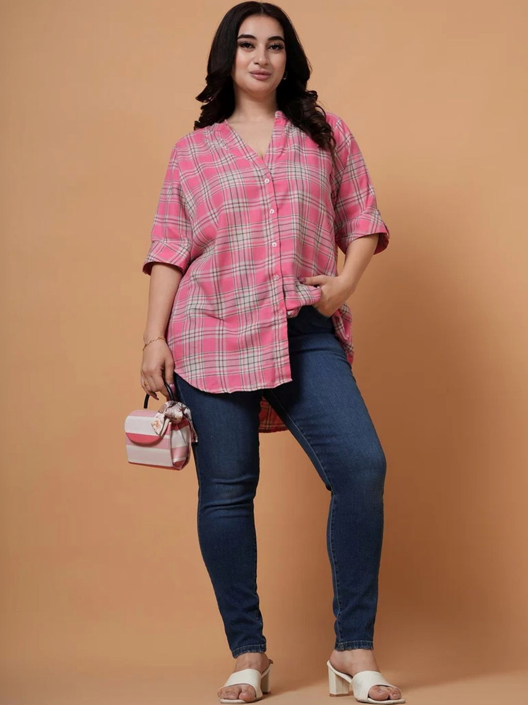 STYLLEY Women Viva Pink Checked Plus Size Casual Shirt