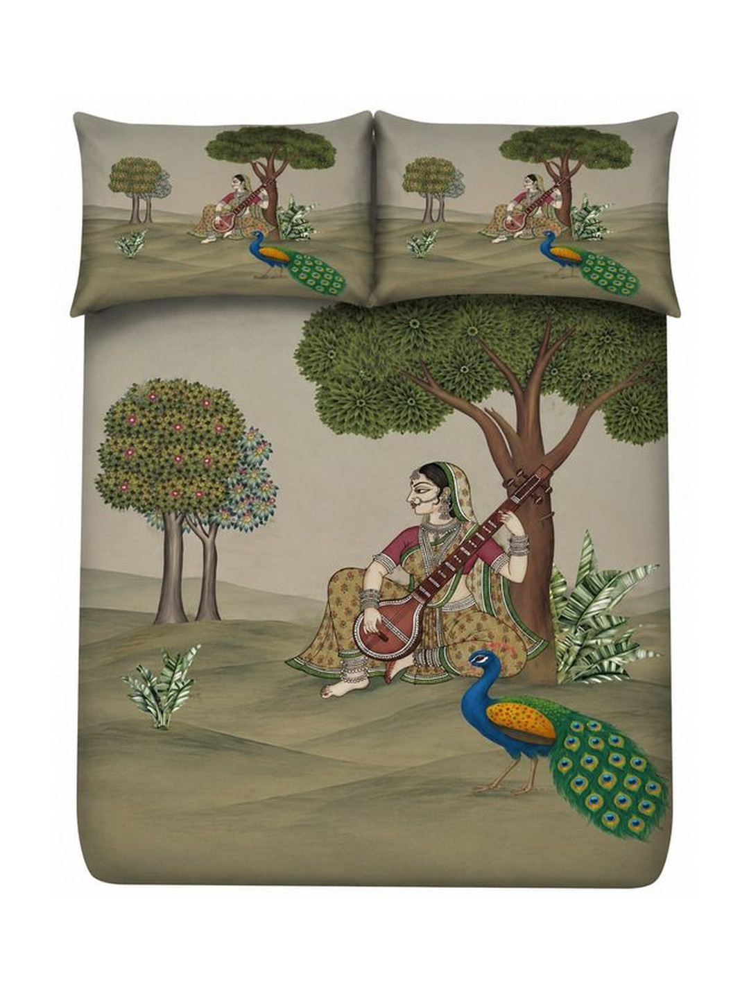 Aura Grey Ethnic Motifs 300 TC King Bedsheet with 2 Pillow Covers