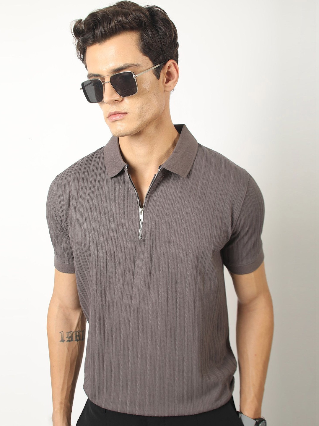 Maniac Men Dark Grey Tangled Half Sleeve Half-Zip Polo T-Shirt