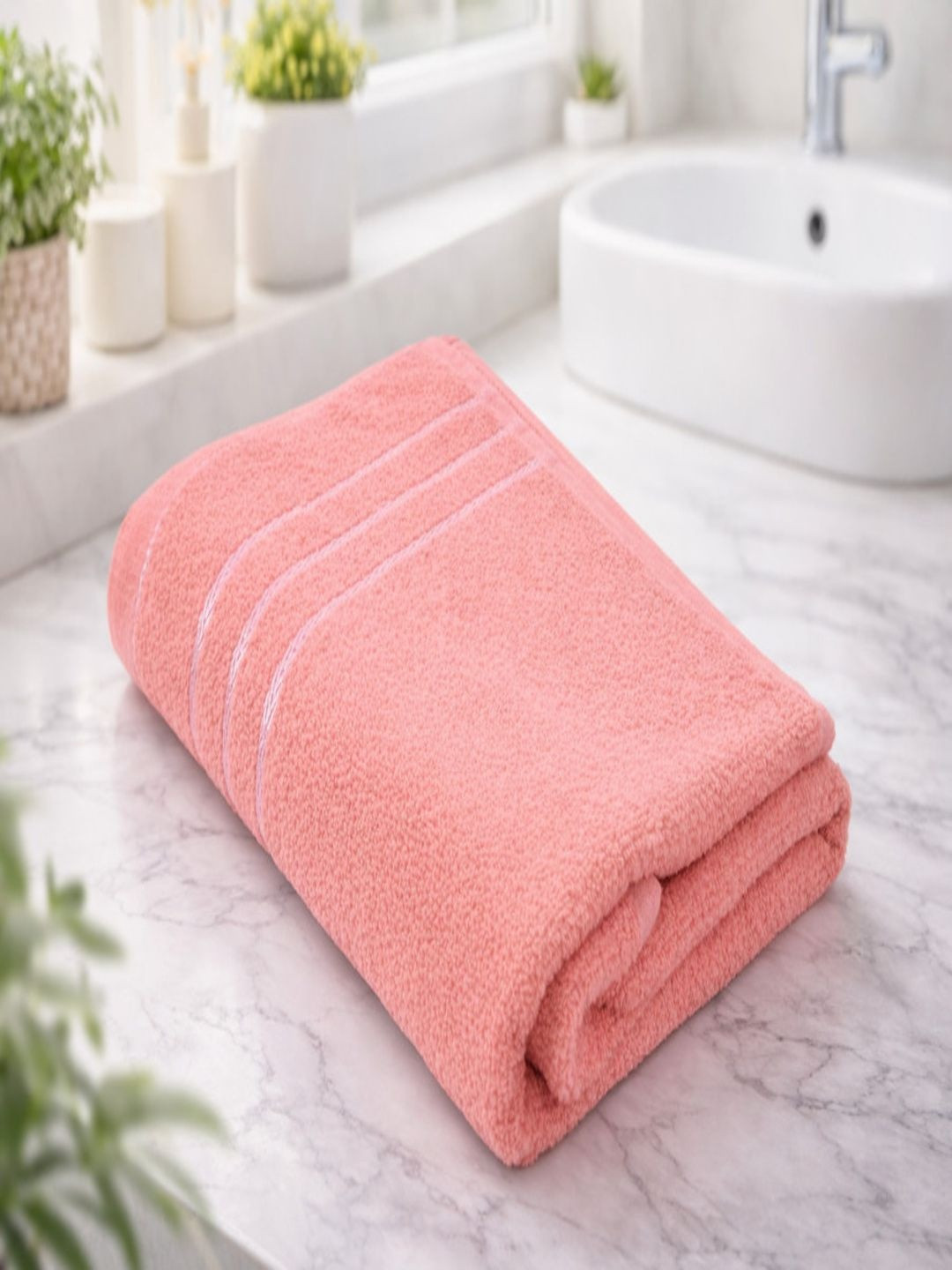 Blissful Creations Peach-Coloured & Peach-Coloured 1 Terry Cotton 450 GSM Bath Towel