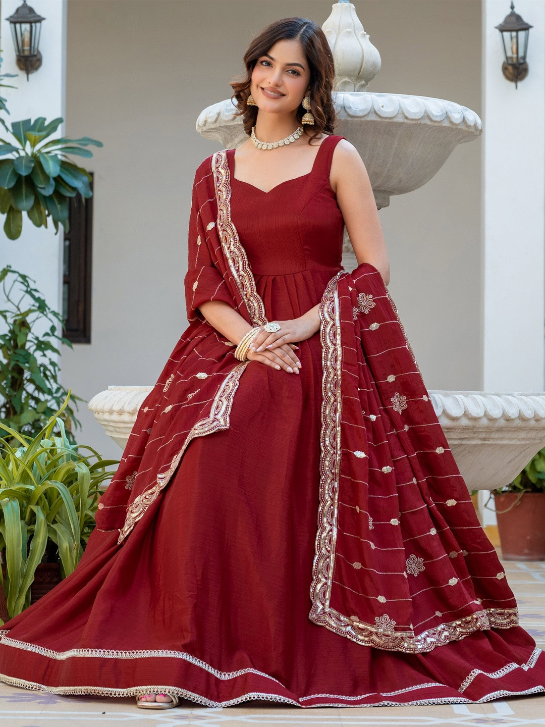 TextileNow Embellished Sweetheart Neck Fit and Flare Ethnic Dresses
