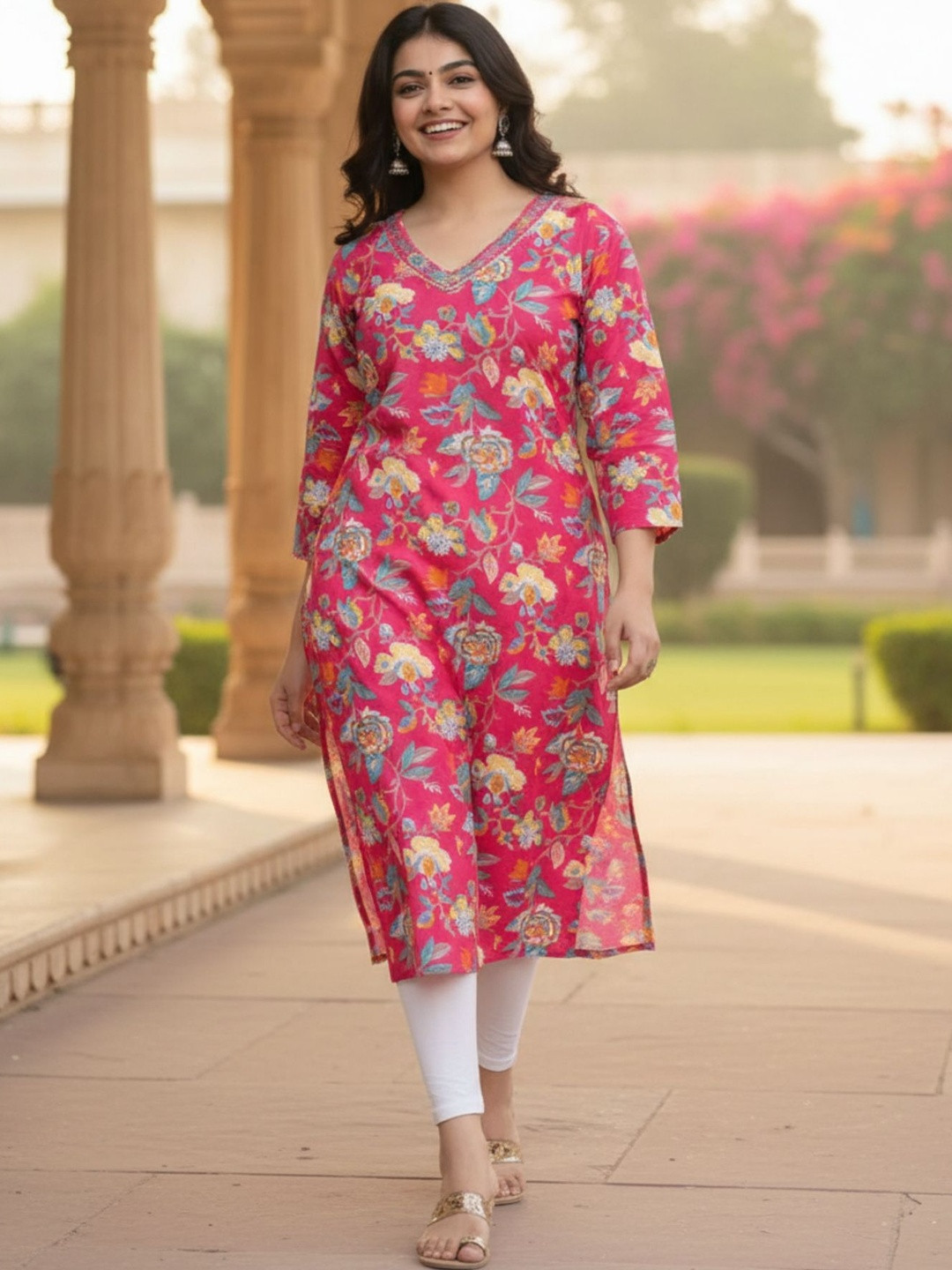 HERE&NOW X Minu Fashions Floral Printed V-Neck Kurti