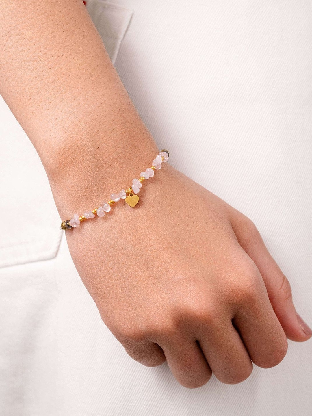 QUERALT Women Pink Rose Quartz Heart Charm Bracelet