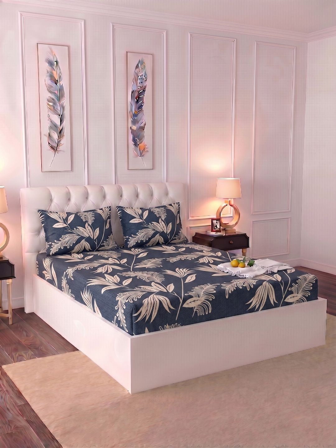 Raymond Home Blue Floral King Bedsheet with 2 Pillow Covers