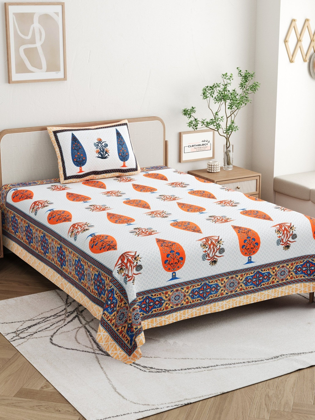 CLOTHOLOGY Ochre Indigo Mughal Cypress Bagh-e-Firdaus Cotton Single Flat 180 TC Jaipuri Prints Bedsheet Set