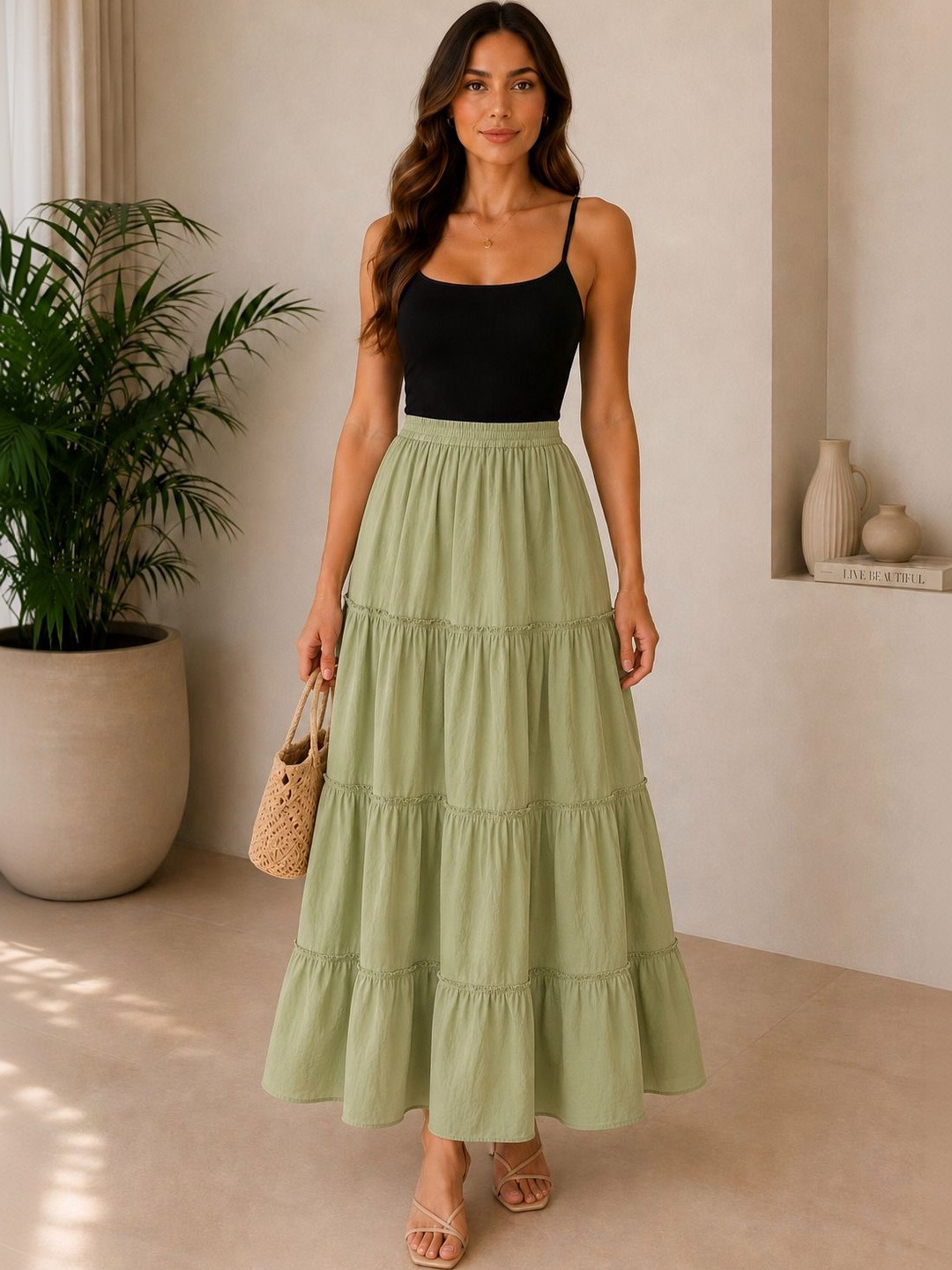 Sencei Women Pure Cotton Cotton Cambric Tiered Maxi A-Line Skirt
