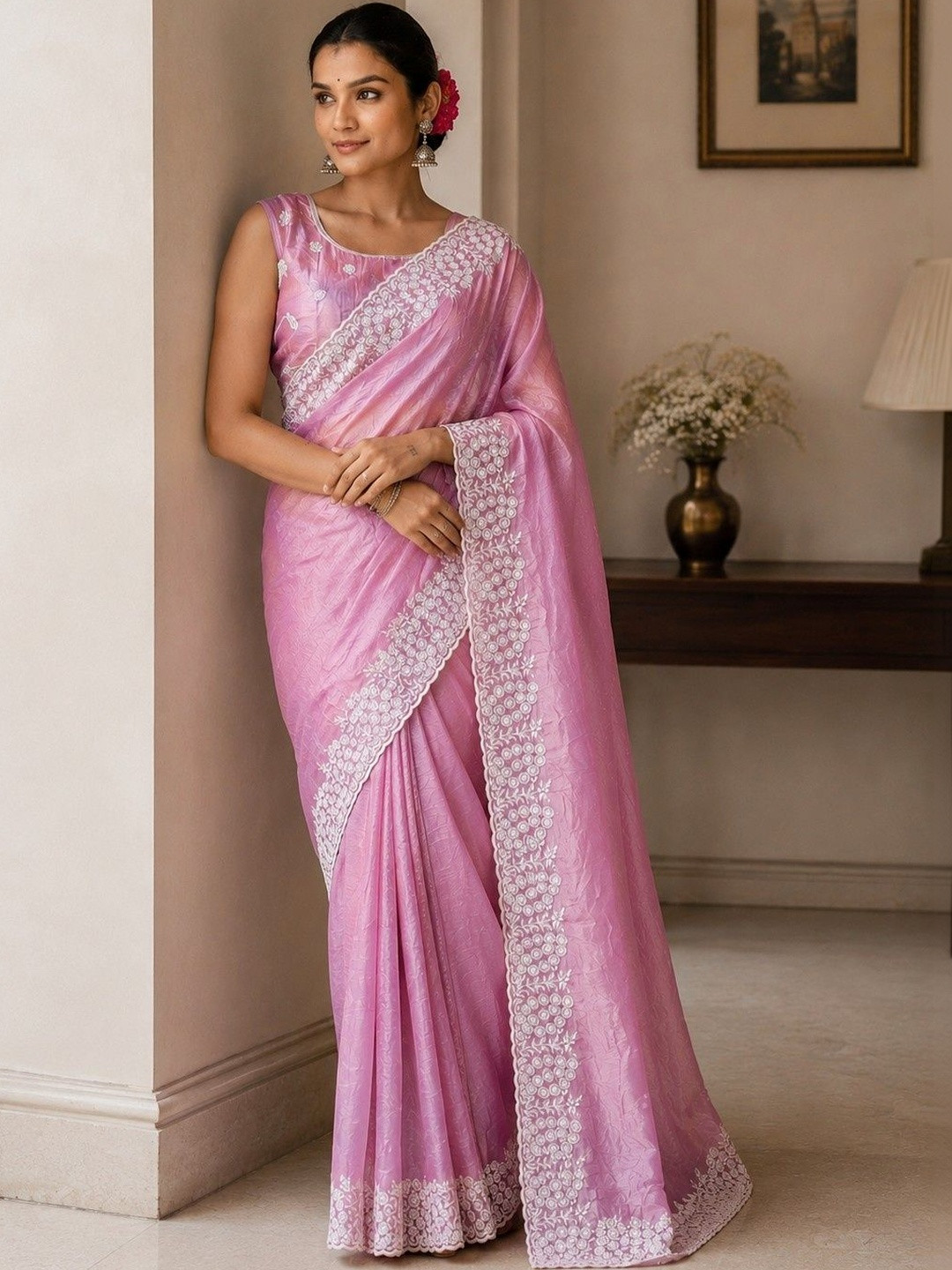 PEEYU Women Peach Gold Crush Thread Zari Embroidery Blouse & Sarees