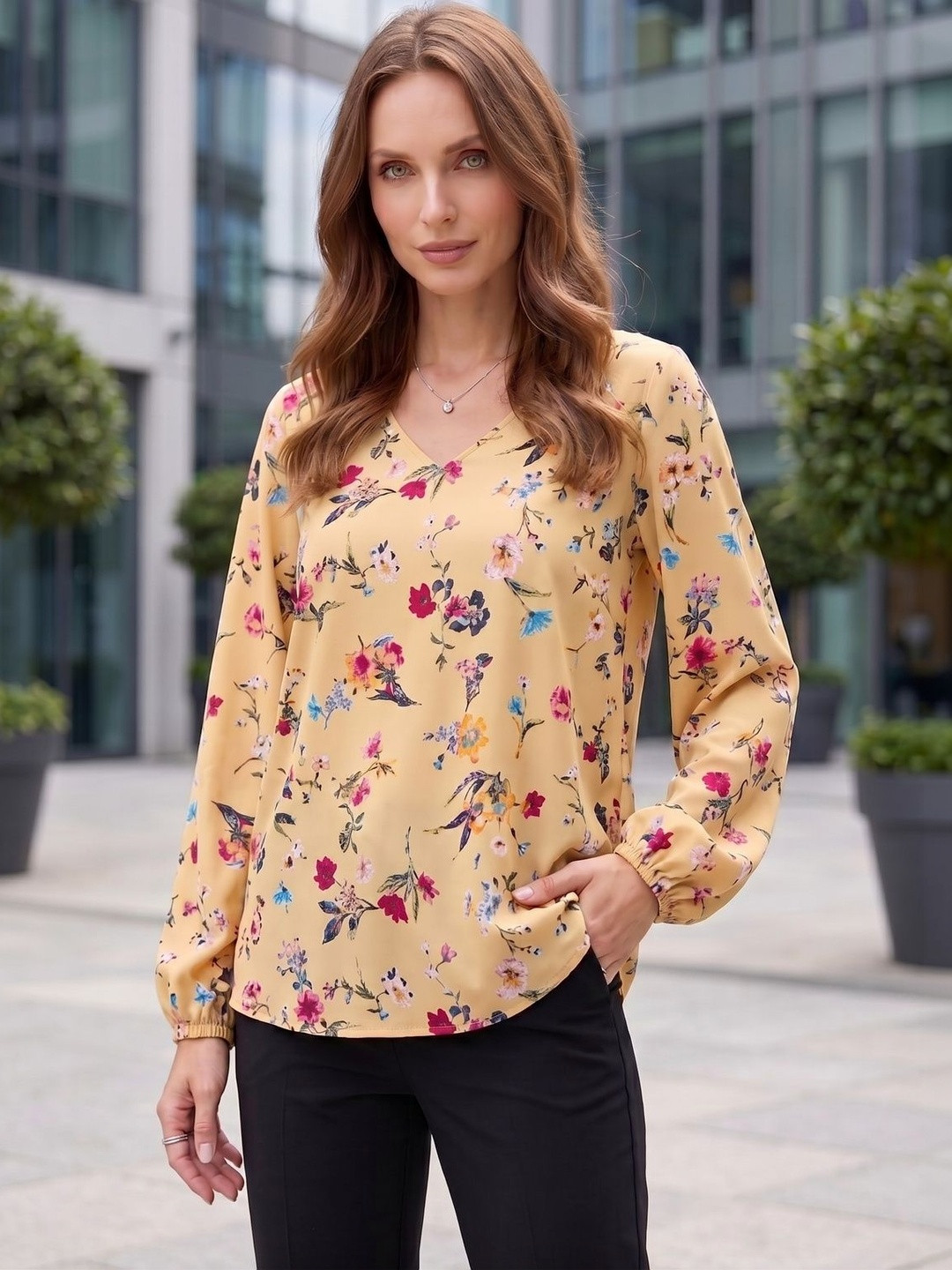 YURAA THE LABEL Floral Print Bishop Sleeves Crepe Top