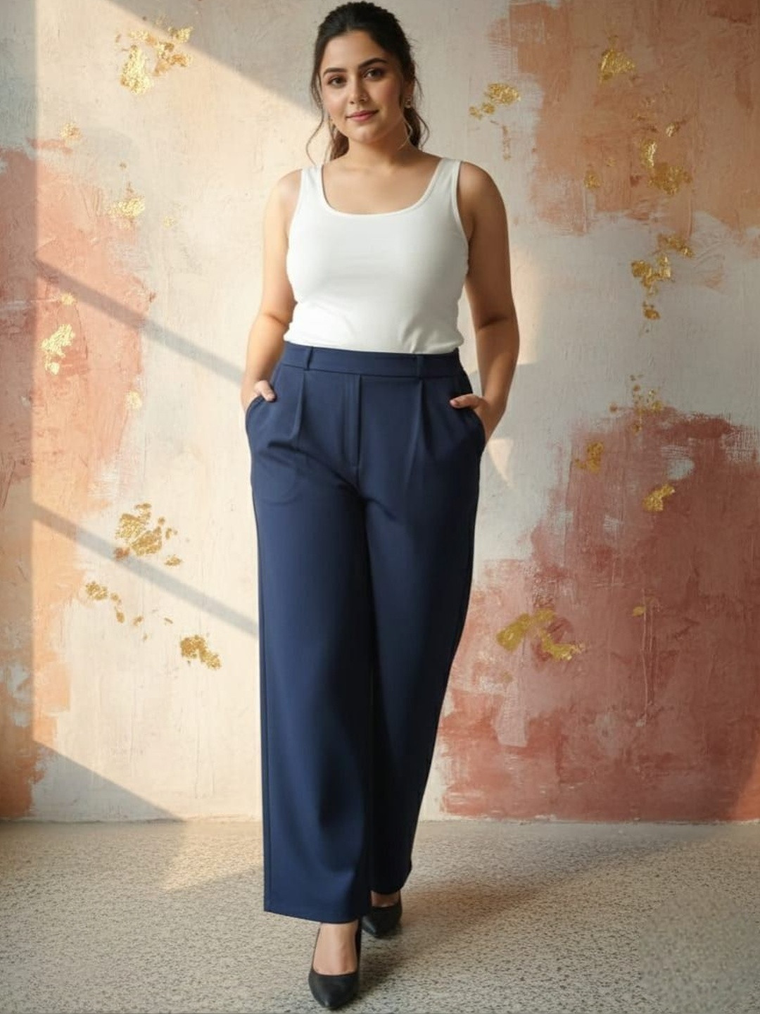 SQew Women Relaxed Loose Fit High-Rise Easy Wash Trousers