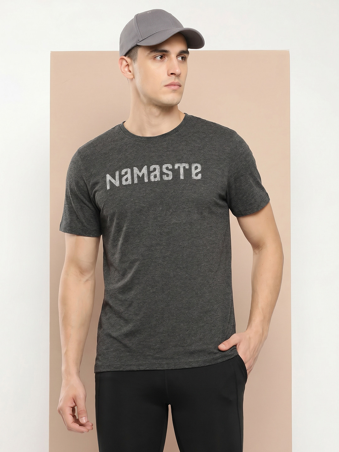 Alcis Men Anthra Melange Yoga Typography Printed Round Neck Regular Fit T-shirt