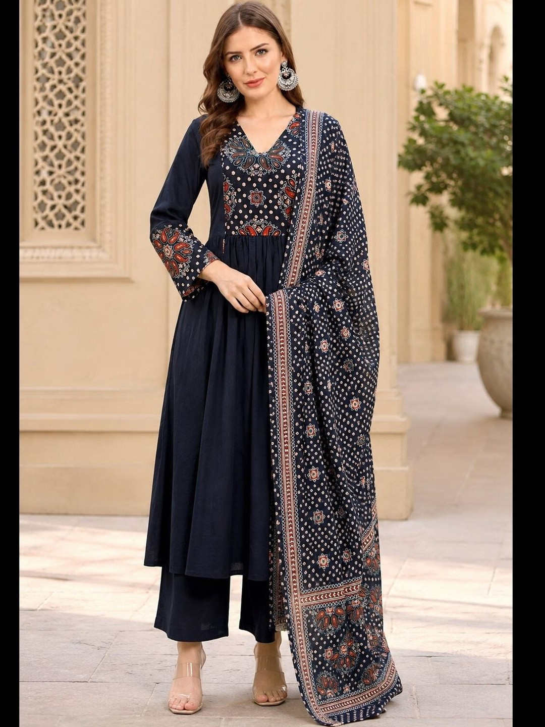 SINGNI Women Ethnic Motifs Embroidered Empire Thread Work Pure Cotton Kurta with Palazzos & With Dupatta