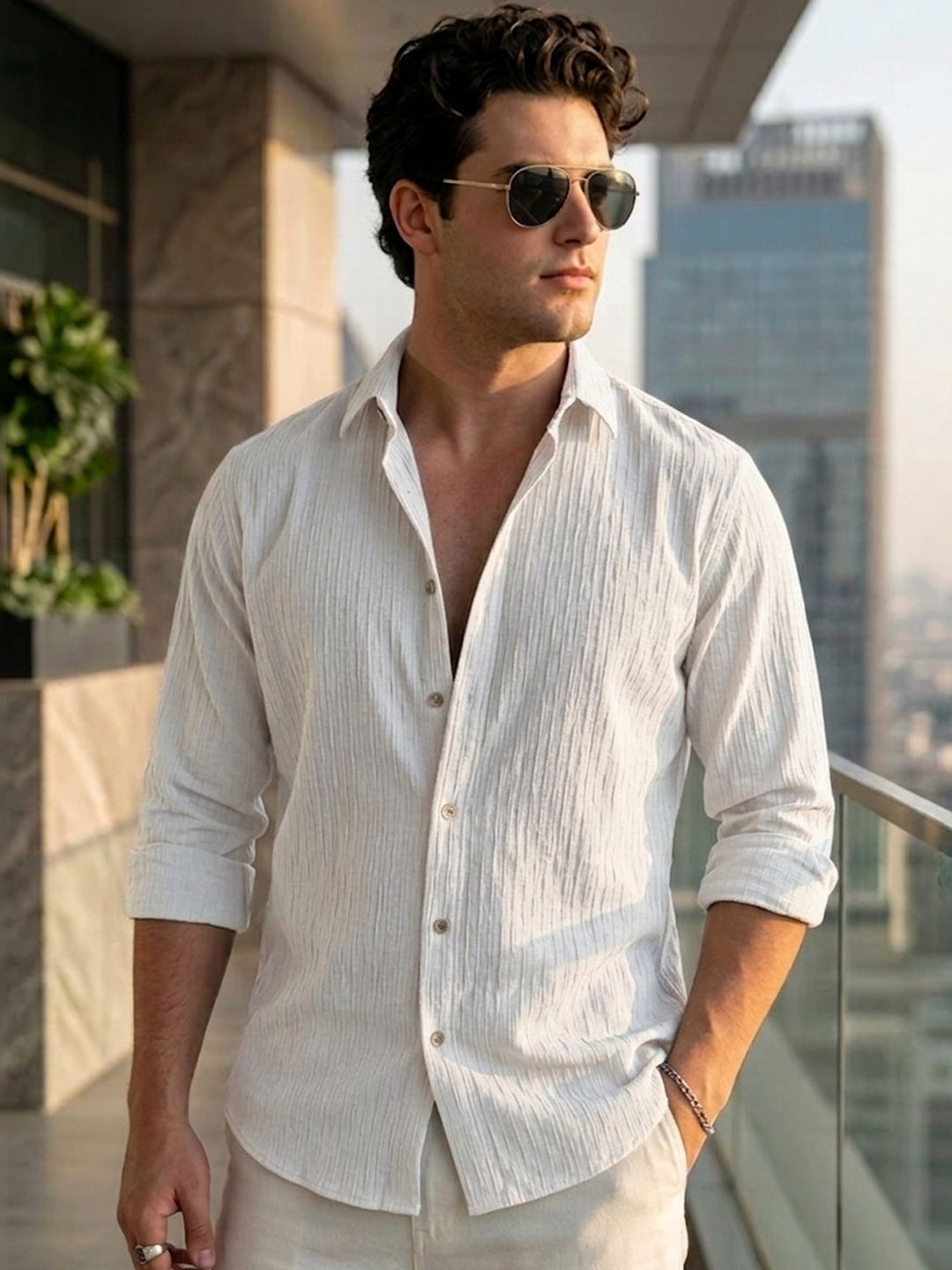 Urbano Fashion Men Spread Collar Textured Cotton Casual Shirt