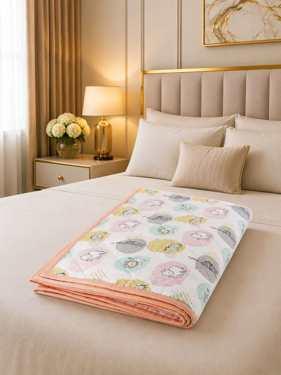 Portico White & Green Cartoon Characters AC Room 150 GSM Cotton Single Bed Quilt