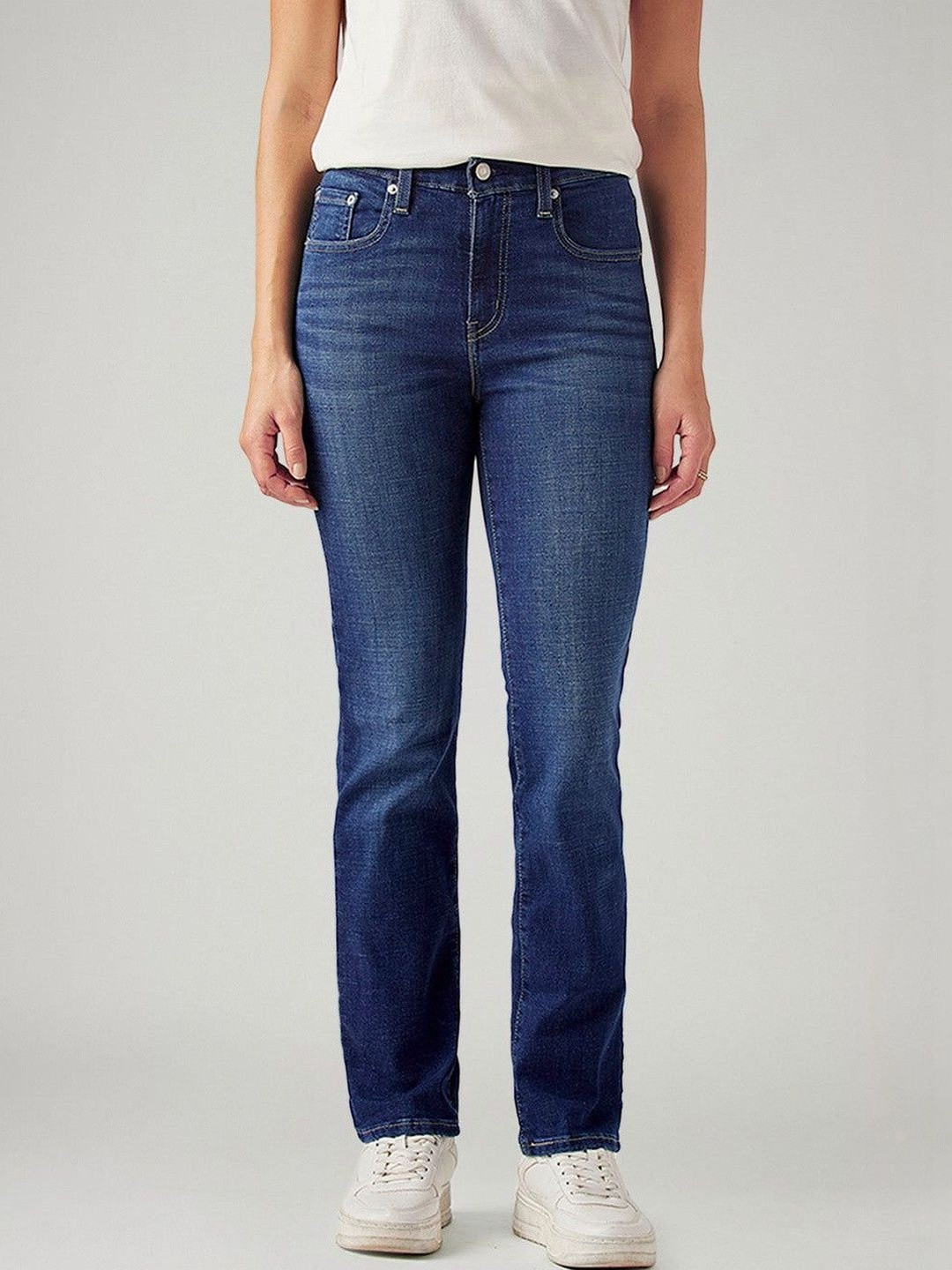 Levis Women's 724 Dark-Blue Slim Straight Fit High Rise Jeans