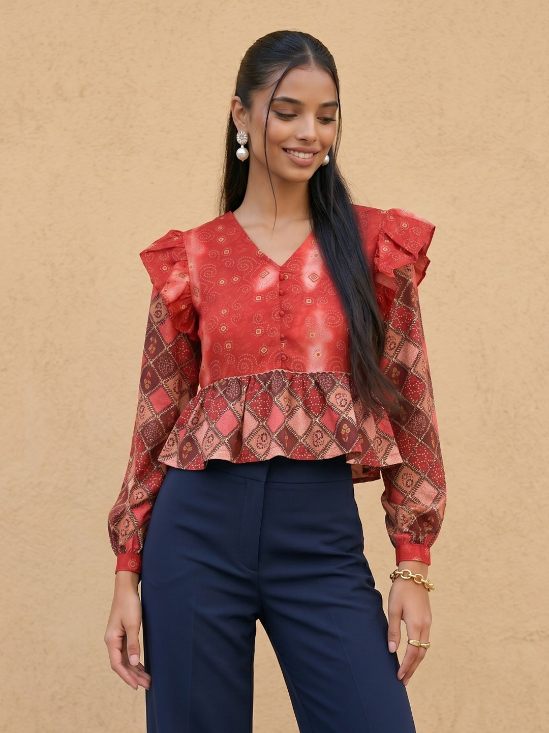 Ethnic Motifs V-Neck Crop Top with Cuffed Sleeves